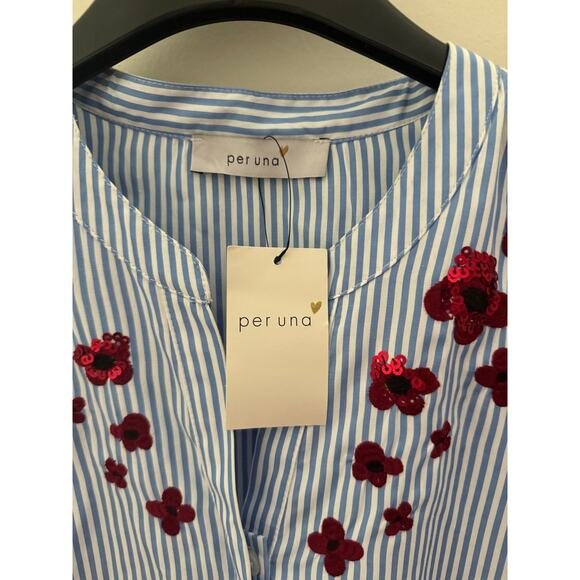 NWT Per Una 3/4 Sleeve Blue And White Striped With Rede Sequin Top UK 8 US 10 - Picture 6 of 9